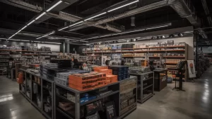 The interior of a hardware store with rows of shelves stacked with Thread Rod, Carriage, and Flat Washer.