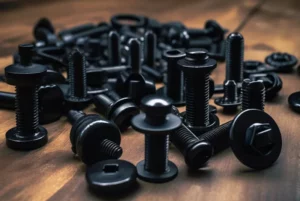 A group of black hex bolts.