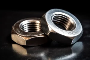 Two hex nuts on a black surface with a bolt nearby.