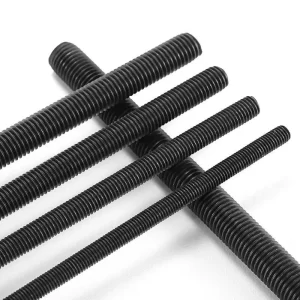 A collection of black metal rods, including thread rods.